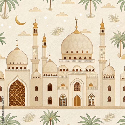 Ornate Islamic Mosque Building and Desert Landscape