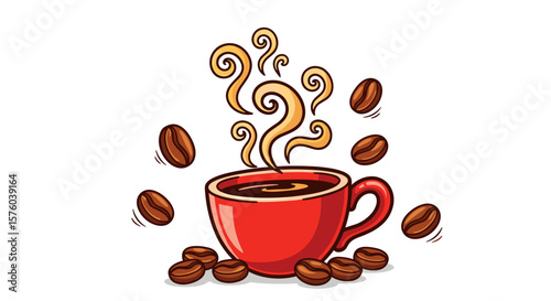 A steaming red cup of coffee surrounded by scattered coffee beans with swirling steam above the cup