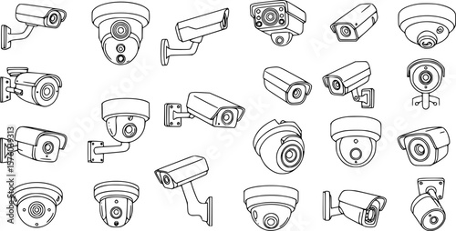 Set of black outline vector icons of surveillance cameras in various angles, ideal for security, monitoring, and technology-themed designs.
