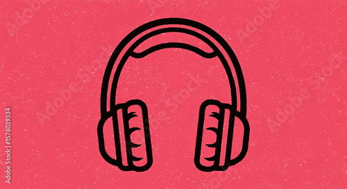 Simple black outline illustration of headphones against a vibrant pink background.