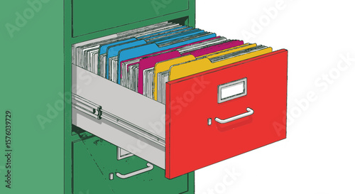 A red file drawer, pulled open, reveals color-coded files within a green filing cabinet.