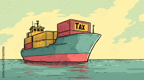 Cargo Ship with Tax Container Representing US Tariff Policy on Imports