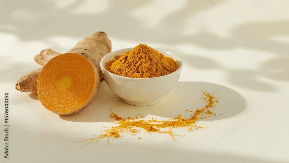 Fototapeta premium Ground turmeric powder and fresh turmeric root rest on a wooden cutting board, showcasing the vibrant color, natural texture, and earthy essence of this flavorful and aromatic spice
