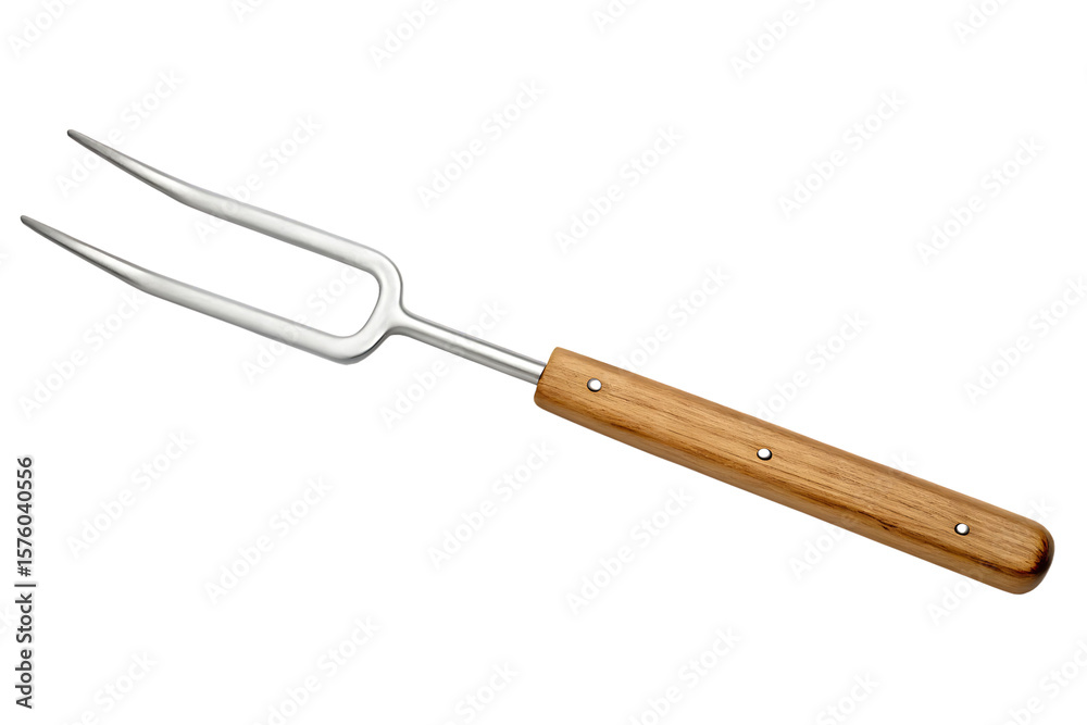 Fototapeta premium Metal two pronged meat fork with wood handle isolated on a transparent background