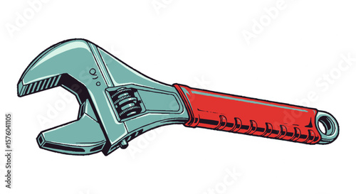 A detailed illustration of a adjustable wrench, showcasing its metal body and red handle.