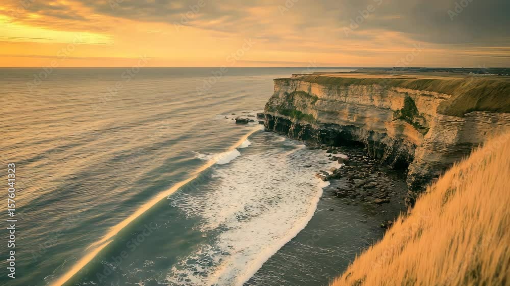 Coastal cliff with grass movement and gentle ocean waves under golden sky