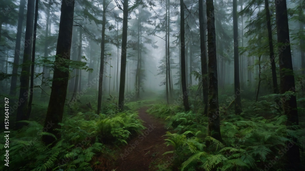 Fototapeta premium Morning fog covering the forest trail with sunlight filtering through the trees