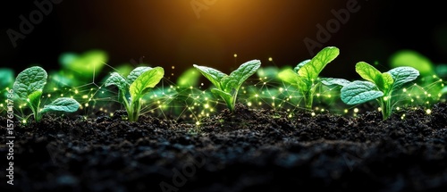 Young plants emerging from soil with digital connectivity.