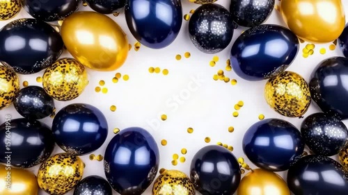 Black balloon and gold confetti decoration create festive celebration party atmosphere with elegant shiny balloons for event