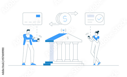 Vector illustration of a money transfer between phones and a bank, with a man, woman, and finance icons. Concept of online payment, banking, and digital transaction using smartphone and technology.