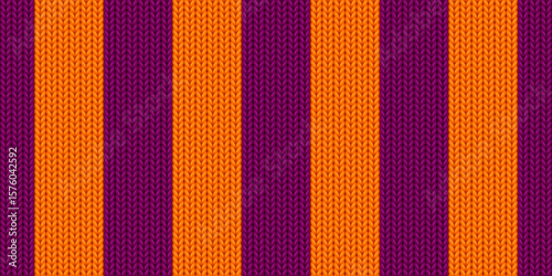 Halloween seamless pattern with knitting texture. Abstract background with orange and purple crochet wool stripes. Cute knitting sweater pattern for Halloween, vector illustration