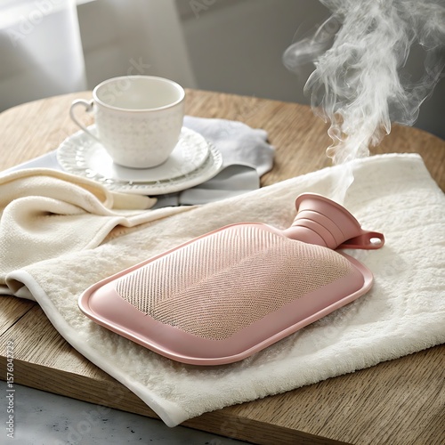 Pink hot water bottle with steam on fluffy towel comfort