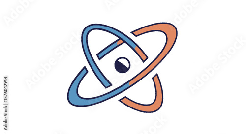 Abstract atom symbol with orbiting electrons, depicted in blue and orange.