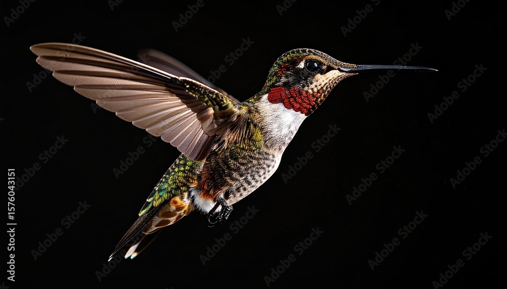 Fototapeta premium Hummingbird in flight against black