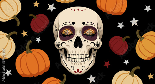 Illustration of Halloween-themed skull for festive decorations and seasonal promotions