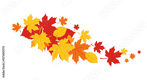 A vibrant collection of autumn maple leaves in red, orange, and yellow hues, scattered and falling.