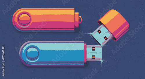 Two USB flash drives, one orange with its cap off, and one blue, lying on a textured surface.