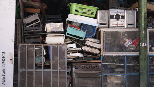 Wall of antique artifacts on display. Vintage objects
