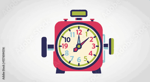 A stylized clock design resembling a vintage weightlifting machine, displaying the time.