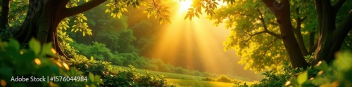 Golden sunlight filters through lush canopy, illuminating vibrant foliage , freshness, sunbeams