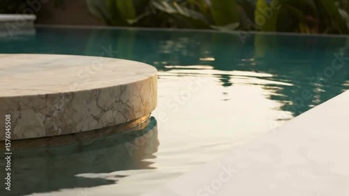 Cinematic 8K shot of a circular travertine podium at the edge of a calm infinity pool during golden hour. Gentle ripples, soft tropical leaves, white marble edge, tranquil luxury.

