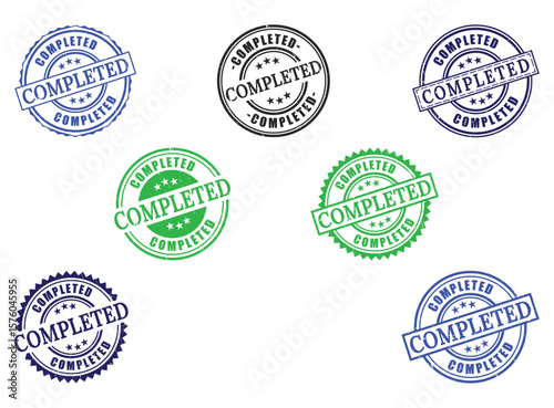 Extensive Completed Stamp Collection, Vector Set of Task Finished Grunge Labels