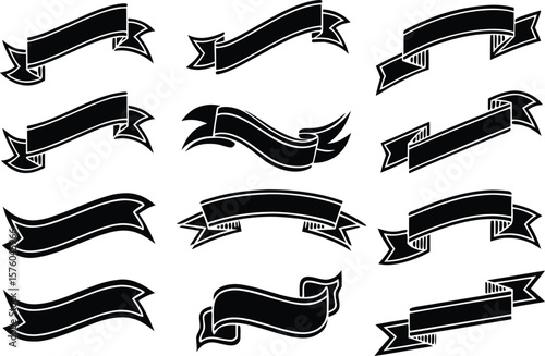 Collection of twelve black stylized ribbon banners with white outlines isolated on a transparent background isolated on transparent background