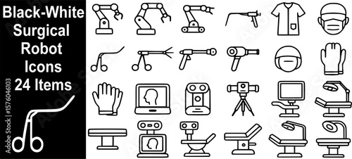 AI in Medicine. Black & White Surgical Robot Icons – Minimalist Vector Set of Robotic Surgery Symbols