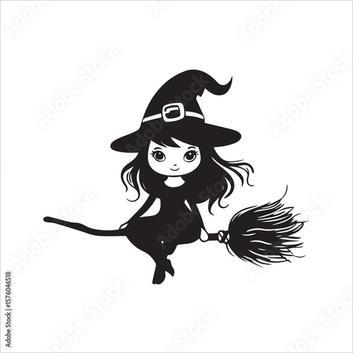 Cute Kawaii Witch Flying On Broomstick silhouette, Cute Kawaii Witch Flying On Broomstick vector illustration, High-Quality Witch Character Illustration, witch on a broom Vector