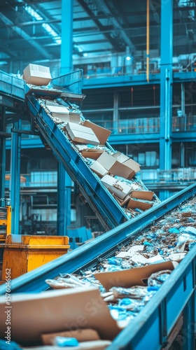 Conveyor belt system in a recycling facility with cardboard boxes and mixed materials, showcasing waste management and recycling processes