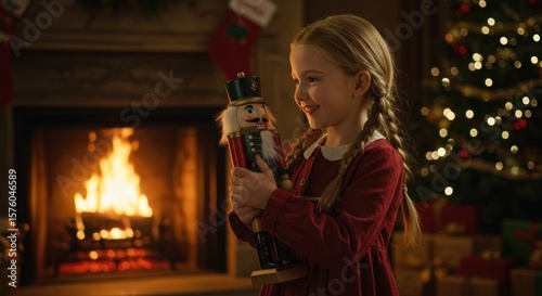 A young girl's joyous Christmas Eve by the warm fireplace with her nutcracker toy