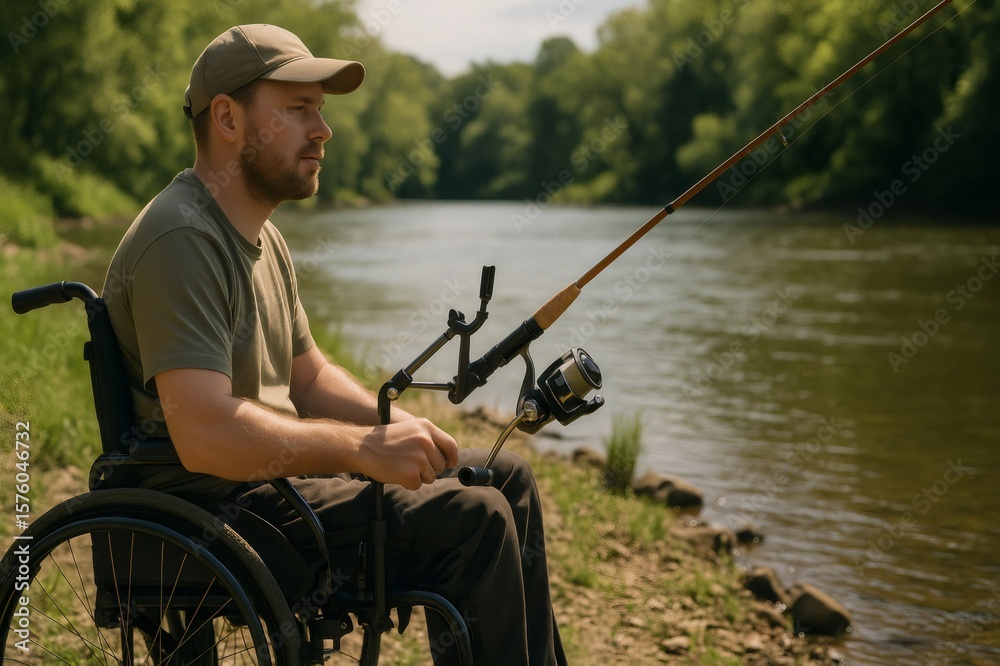 Obraz premium Man in a wheelchair fishing by a river, using adaptive gear for accessibility. Tranquil setting with lush greenery and calm waters