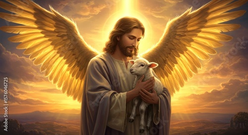 An ethereal portrayal of a celestial being with golden wings holding a lamb