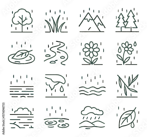 Rain in Nature line art icons. tree in rain, grass with drops, mountain rain, forest shower, puddle with leaf, muddy trail, flower in rain, raindrops on petals, waterlogged ground,
