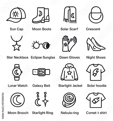 Astral Fashion line art icons. sun cap, moon boots, solar scarf, crescent handbag, star necklace, eclipse sunglasses, dawn gloves, night shoes, lunar watch, galaxy belt, twilight