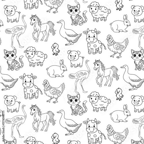 animal farm doodle cat pig chicken cow horse goose duck seamless pattern