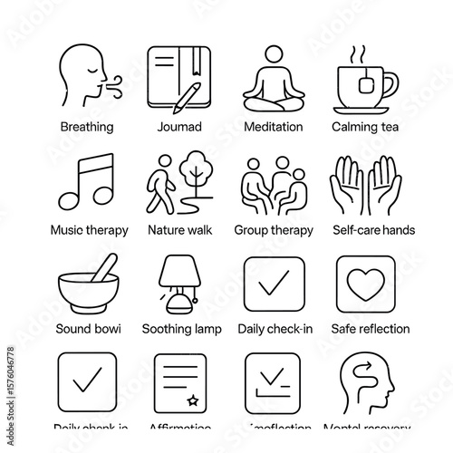 Healing Practices line art icons. breathing icon, guided journal, meditation pose, calming tea, music therapy, nature walk, art expression, self-care hands, group therapy, support