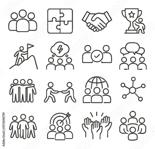 Team Building line art icons. group icon, puzzle pieces, handshake, team trophy, mountain climb, brainstorm bubble, shared task, group chat, team huddle, rope pull game, social