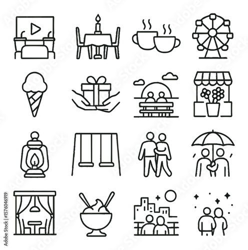 Date Photography line art icons. movie night, candlelit table, coffee cups, fairground ride, ice cream cone, gift exchange, sunset bench, flower stand, lantern light, park swing,