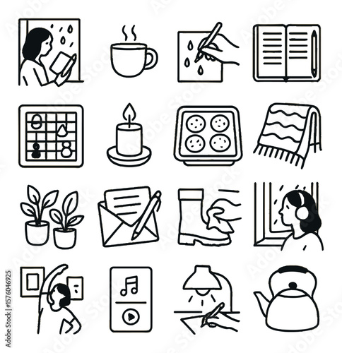Rainy Day Activities line art icons. reading by window, hot drink cup, drawing raindrops, journaling indoors, board game, candlelight, baking cookies, soft blanket, indoor plants,