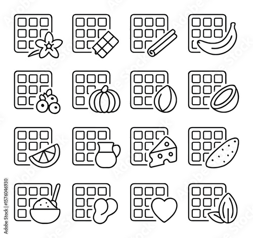 Waffle Flavors line art icons. vanilla waffle, chocolate waffle, cinnamon waffle, banana waffle, berry waffle, pumpkin spice waffle, nutty waffle, coconut waffle, lemon waffle,