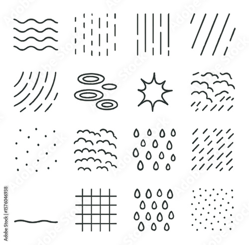 Rain Patterns & Textures line art icons. wavy lines, dashed rain lines, vertical streaks, diagonal drops, curved rain, puddle rings, splash mark, ripple patterns, light drizzle