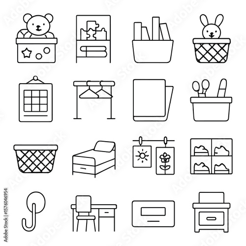 Kids’ Room Order line art icons. toy box, puzzle shelf, book bin, stuffed animal basket, chore chart, hanging rack, homework folder, craft tray, clothes basket, bed with storage,