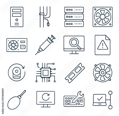 Computer & IT Maintenance line art icons. desktop tower, cable management, server rack, fan icon, power supply, thermal paste, diagnostic screen, error log, backup disk, circuit
