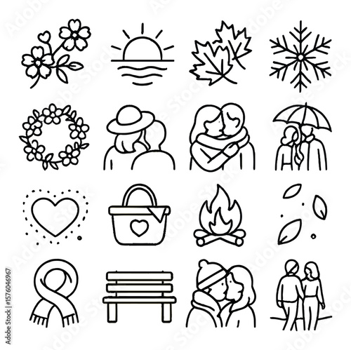 Love Through the Seasons line art icons. spring blossoms, summer sunset, autumn leaves, winter snowflake, flower crown, sunhat couple, scarf hug, umbrella walk, heart in snow,