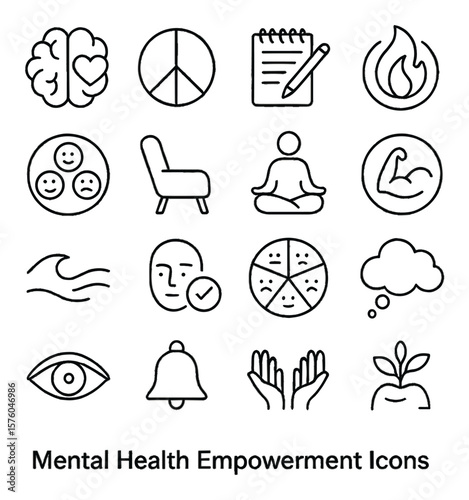 Mental Health Empowerment line art icons. brain with heart, peace icon, thought journal, resilience flame, mood tracker, therapy chair, guided breath, inner strength icon, calm