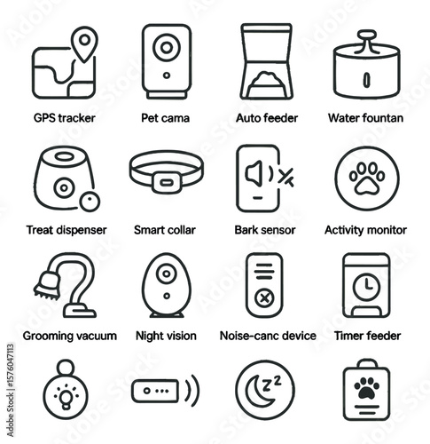 Pet Tech & Gadgets line art icons. GPS tracker, pet cam, auto feeder, water fountain, treat dispenser, smart collar, bark sensor, activity monitor, grooming vacuum, night vision