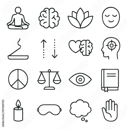Mental Wellbeing line art icons. meditation pose, brain, lotus flower, calm face, incense stick, breathing pattern, heart-brain connection, mental focus, peace symbol, balanced