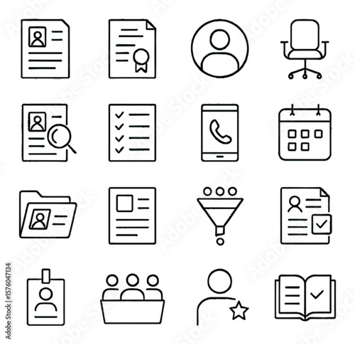 Recruitment Process line art icons. resume icon, job offer, candidate profile, interview chair, magnifying glass on CV, shortlist list, phone screening, calendar appointment,