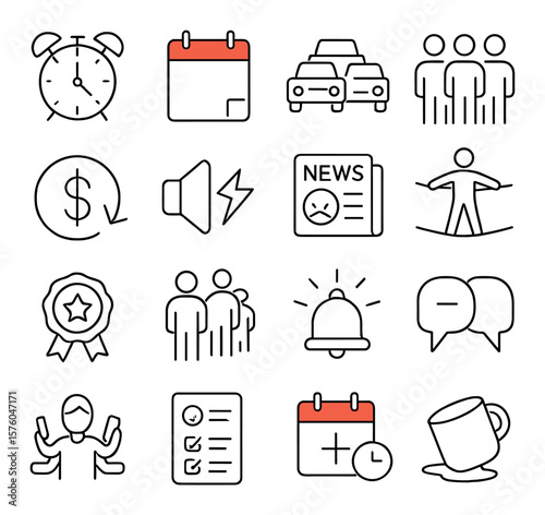 Stress Triggers line art icons. alarm clock, red calendar, traffic jam, social pressure, financial stress, loud noise, negative news, tightrope icon, perfectionism badge, long